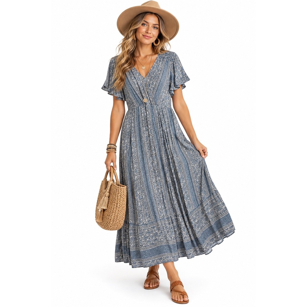 Knox Rose Blue Paisley Flutter Sleeve Smocked Waist Maxi Dress XL